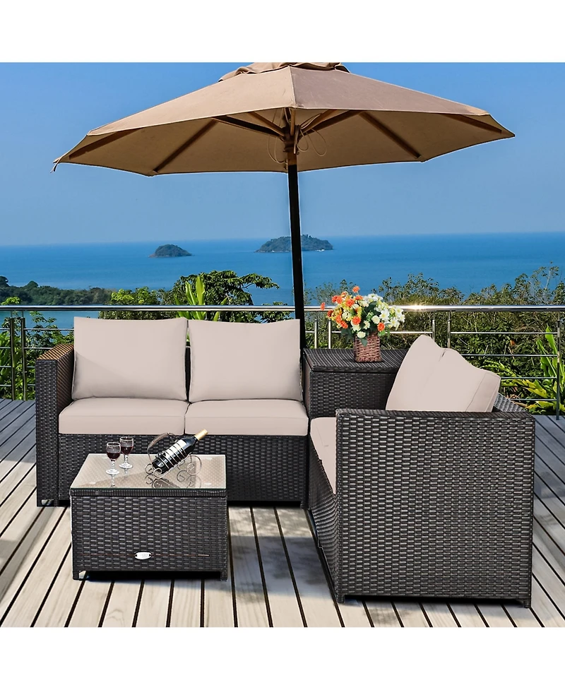 Gymax 4PCS Cushioned Rattan Patio Conversation Set w/ Coffee Table Side Table