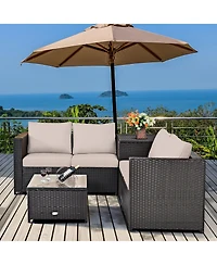 Gymax 4PCS Cushioned Rattan Patio Conversation Set w/ Coffee Table Side Table