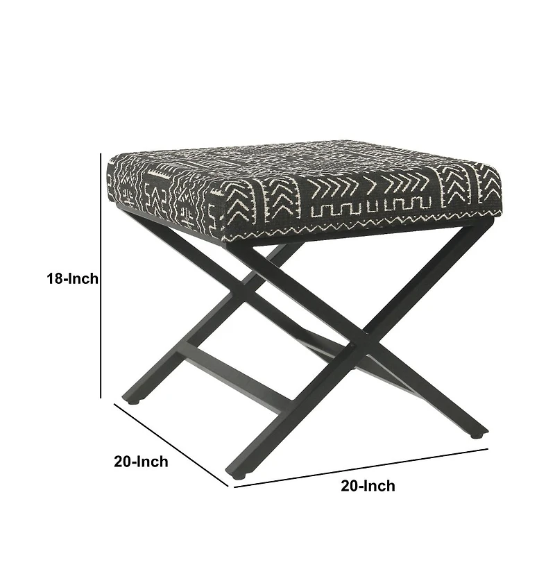 Tribal Pattern Upholstered Ottoman with X-Shape Legs for Stylish Seating & Storage