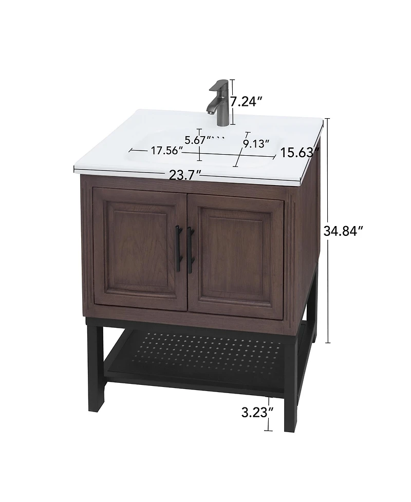 Casainc 24" Bathroom Vanity with White Ceramic Sink & Faucet,Freestanding Bathroom Cabinet with 2 Storage Doors and Open iron Shelf