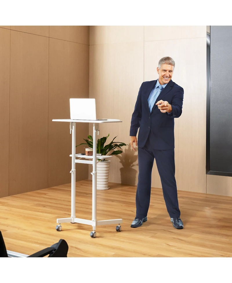 Mobile Lectern Podium Height-adjustable Rolling Laptop Cart with Tilting Top Storage Tray