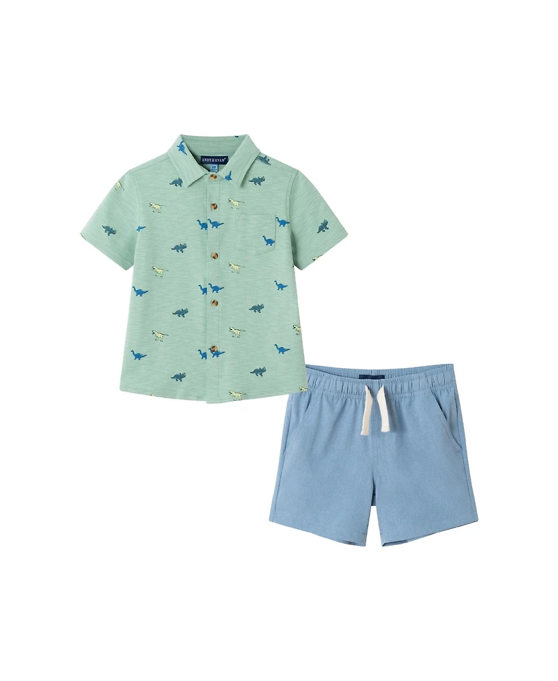 Andy & Evan Toddler Boys Toddler/Child Lt Green Dino Print Knit Buttondown Set