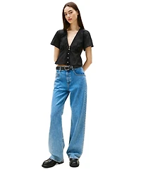 Tommy Jeans Women's Cotton Embroidered Plunging-Neck Blouse