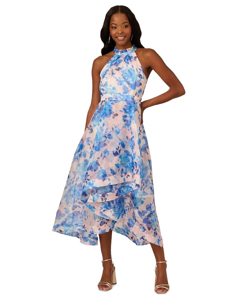 Adrianna Papell Women's Floral Print Halter High-Low Midi Dress