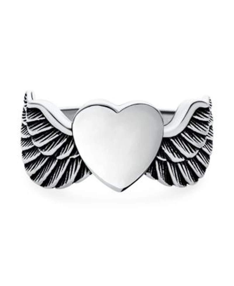 Bling Jewelry Religious Spiritual Heart Angel Wing Feather Band Ring Oxidized .925 Sterling Silver Or Stainless Steel