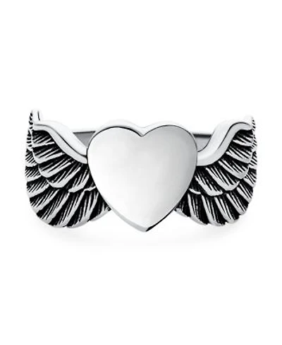 Bling Jewelry Religious Spiritual Heart Angel Wing Feather Band Ring Oxidized .925 Sterling Silver Or Stainless Steel