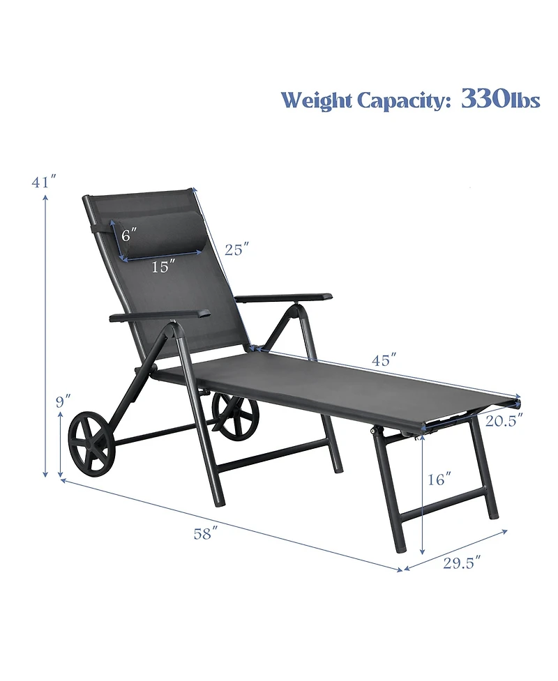 2PCS Patio Lounge Chair W/ Wheels Neck Pillow Aluminum Frame Adjustable