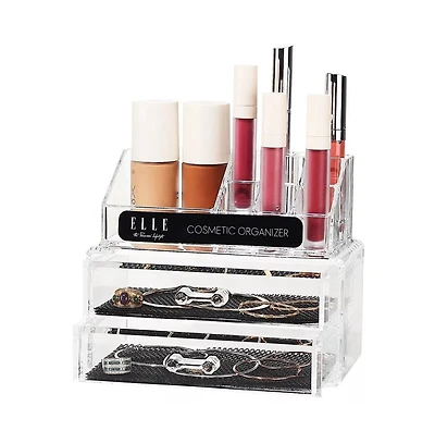 Acrylic Cosmetic Organizer with 2 Drawers & 3 Tiered Compartments, Clear Makeup Storage, Compact Vanity Organizer for Skincare and Makeup Brushes