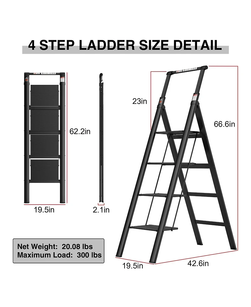 4 Step Ladder, Retractable Handgrip Folding Step Stool with Anti-Slip Wide Pedal, Aluminum Step Ladders 4 Steps, 300lbs Safety Household Ladder