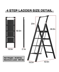 4 Step Ladder, Retractable Handgrip Folding Step Stool with Anti-Slip Wide Pedal, Aluminum Step Ladders 4 Steps, 300lbs Safety Household Ladder