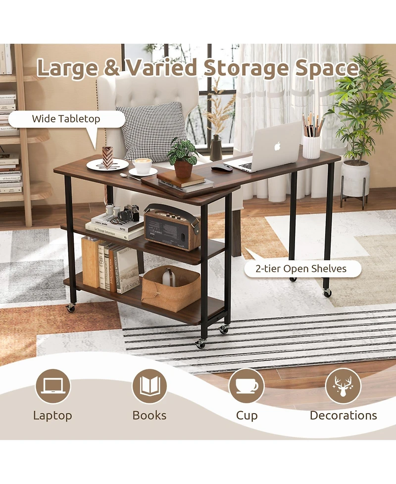 360° Rotating Sofa Side Table with 2-Tier Storage Shelves