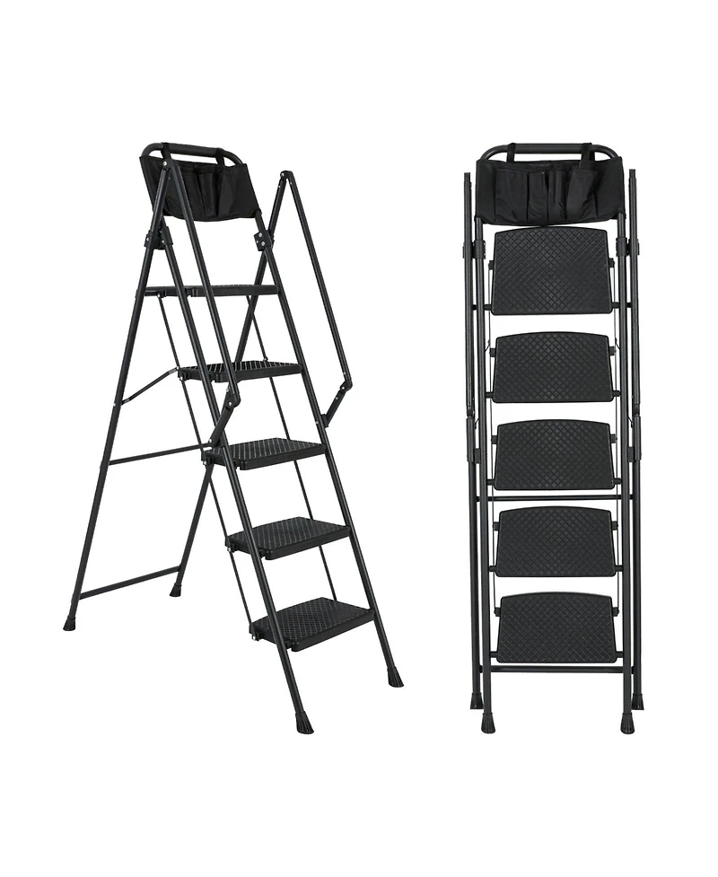 5-Step Foldable Light Weight Wide Anti Slip Pedal and Safety Handle, Sturdy Multi-Purpose Step Ladder with tool bag