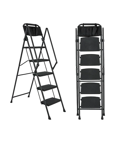 5-Step Foldable Light Weight Wide Anti Slip Pedal and Safety Handle, Sturdy Multi-Purpose Step Ladder with tool bag