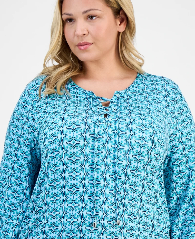 Jm Collection Plus Size Printed Lace-Up Split-Neck Top, Exclusively at Macy's