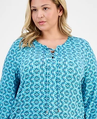 Jm Collection Plus Size Printed Lace-Up Split-Neck Top, Exclusively at Macy's