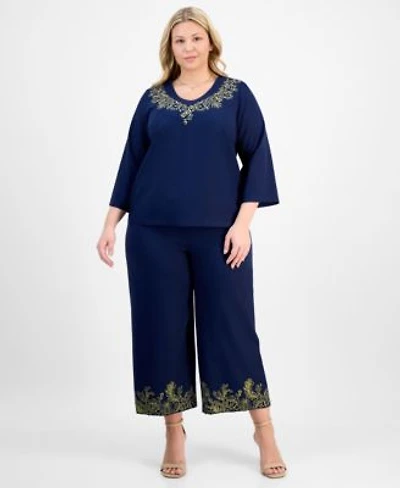 Jm Collection Plus Size Metallic Embroidered V Neck Top Capri Pants Exclusively At Macys