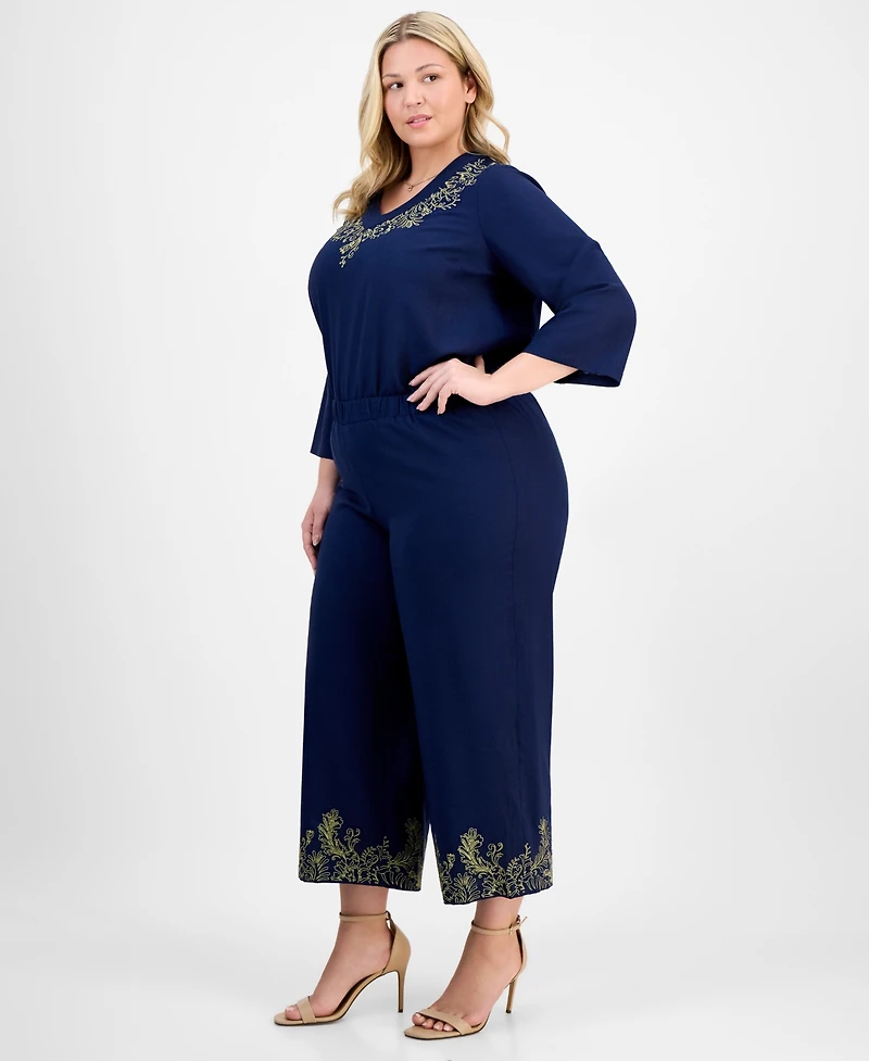 Jm Collection Plus Metallic Embroidered-Hem Capri Pants, Exclusively at Macy's