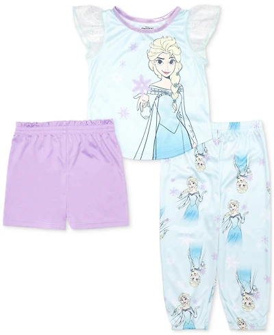 Frozen Toddler Girls Short-Sleeve Frill Top, Shorts & Jogger Pants Pajamas, 3 Piece Set