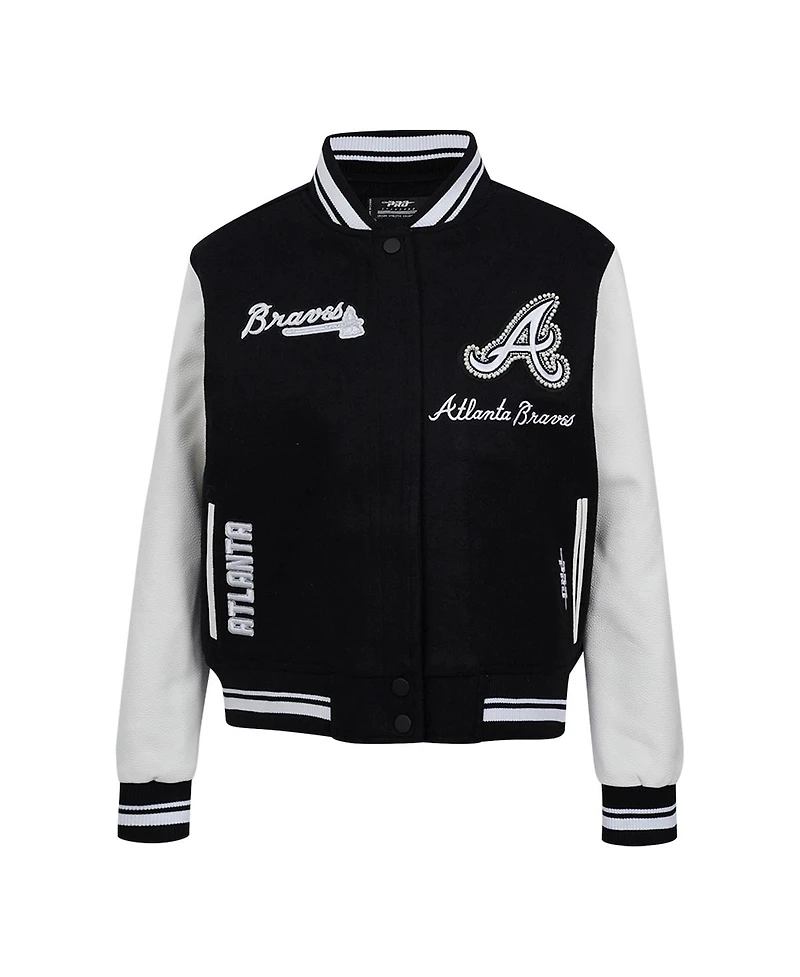 Pro Standard Women's Black Atlanta Braves Cultivated Pearls Rib Wool Full-Zip Varsity Jacket