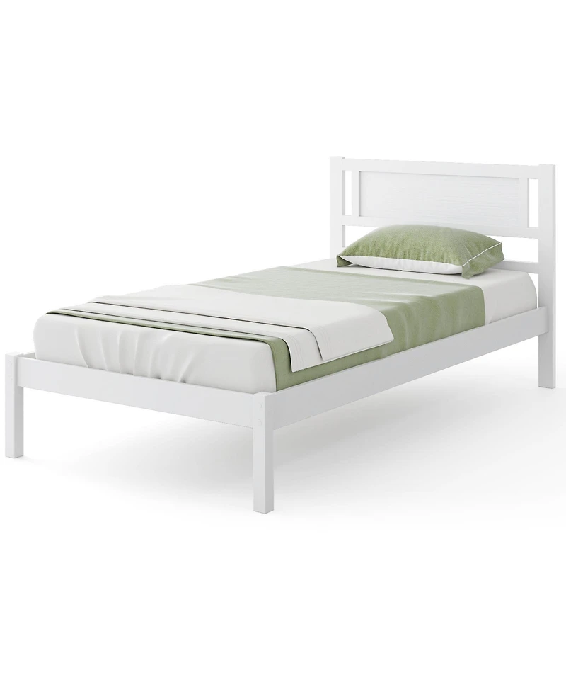 Twin Size Wood Bed Frame with Headboard and Wooden Slats Support-Twin