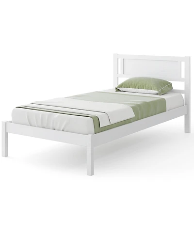Twin Size Wood Bed Frame with Headboard and Wooden Slats Support-Twin