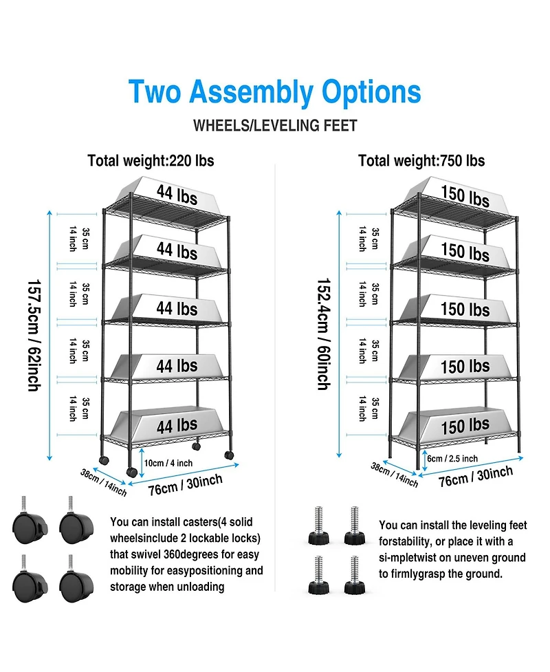 5 Tier Shelf Wire Shelving Unit, Nsf Heavy Duty Wire Shelf Metal Large Storage Shelves Height Adjustable Utility for Garage Kitchen Office Commercial
