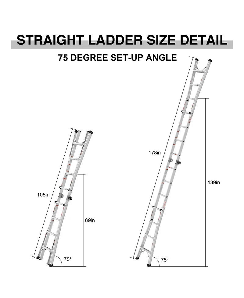 17ft Multi-Position Foldable Aluminum Ladder, A-Frame and Straight Ladder, Ansi 250lbs