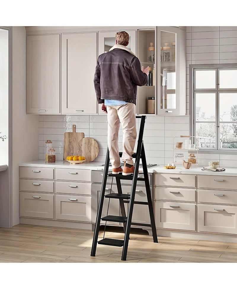 5-step ladder folding step stool, 5-step ladder with anti slip wide pedals, lightweight and easy to carry handle folding ladder, multi-purpose steel l