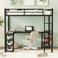 Full Metal Loft Bed with Desk and Shelves, Loft Bed with Ladder and Guardrails, Loft Bed Frame for Bedroom, Black