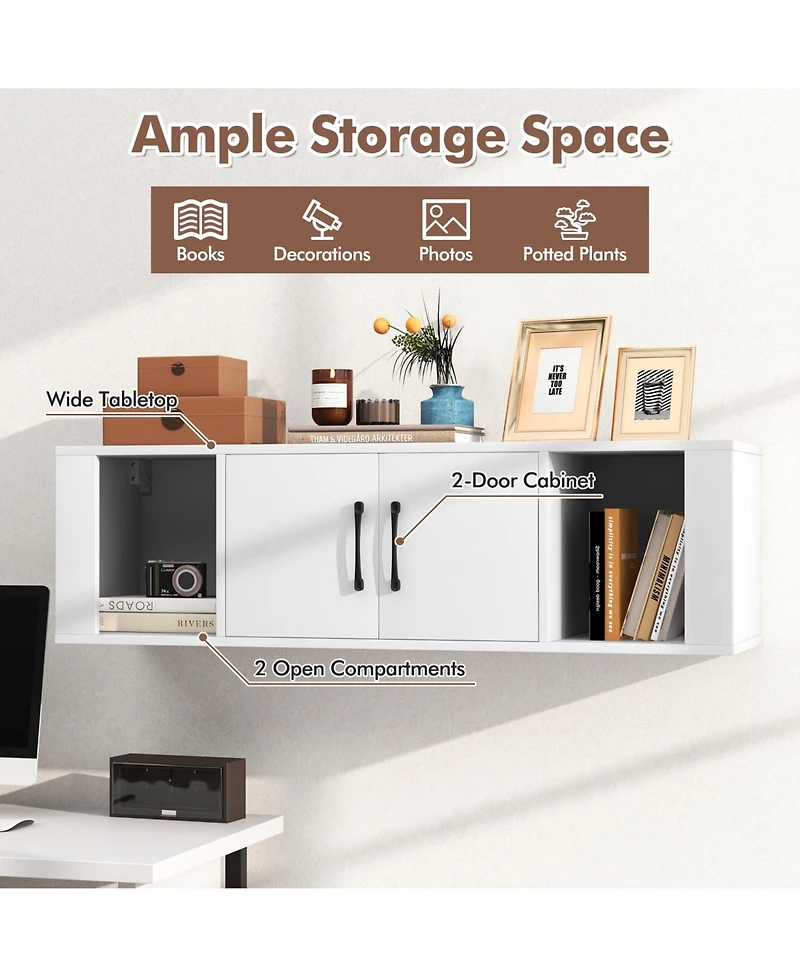 Wall Mounted Floating 2 Door Desk Hutch Storage Shelves