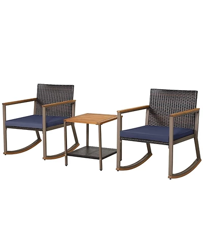 3 Pieces Rattan Rocking Bistro Set with Table and Cushions