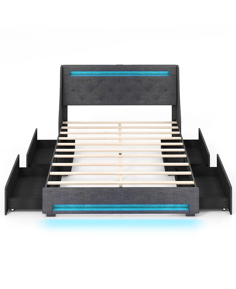 Full Size Bed Frame with Led Lights Wingback Headboard and Charging Station