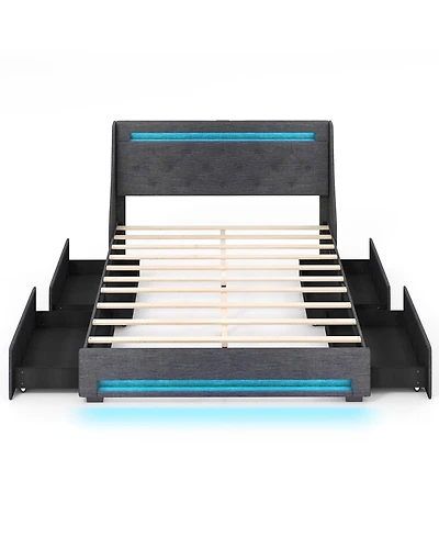 Full Size Bed Frame with Led Lights Wingback Headboard and Charging Station