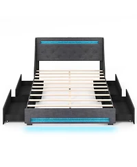 Full Size Bed Frame with Led Lights Wingback Headboard and Charging Station