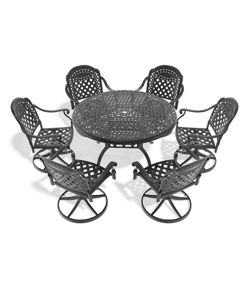 Streamdale 7-pc Cast Aluminum Dining Set, 6 Swivel Chairs, 48" Round Table, Black Frame