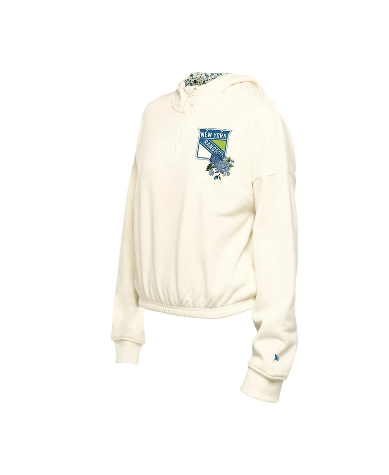 New Era Women's Cream York Rangers Glam Game Quarter-Zip Cropped Floral Hoodie Pullover Top