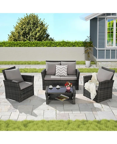 Streamdale 4-Piece Outdoor Patio Furniture Set, Rattan Chairs, Glass Table