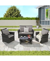 Streamdale 4-Piece Outdoor Patio Furniture Set, Rattan Chairs, Glass Table