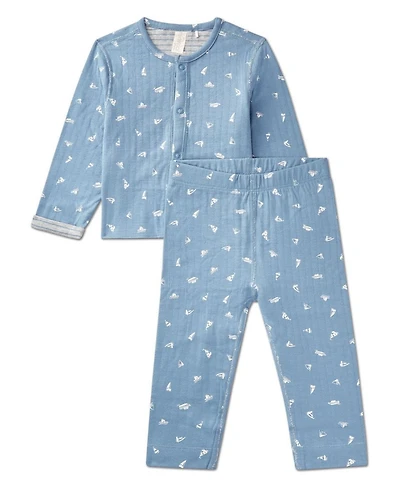 MeMoi Baby Boys 2 Piece Reversible "Sail Away" Pointelle Snap-Up Top and Pants Set
