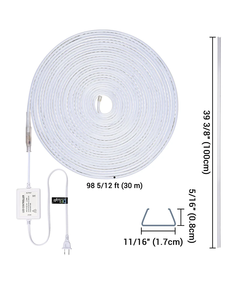 DELight 100FT Warm White Neon Rope Lights with 2" Plastic U Channel System 10PCS,Remote Control Ac 110V Waterproof Dimmable Cuttable Del-D1M100W
