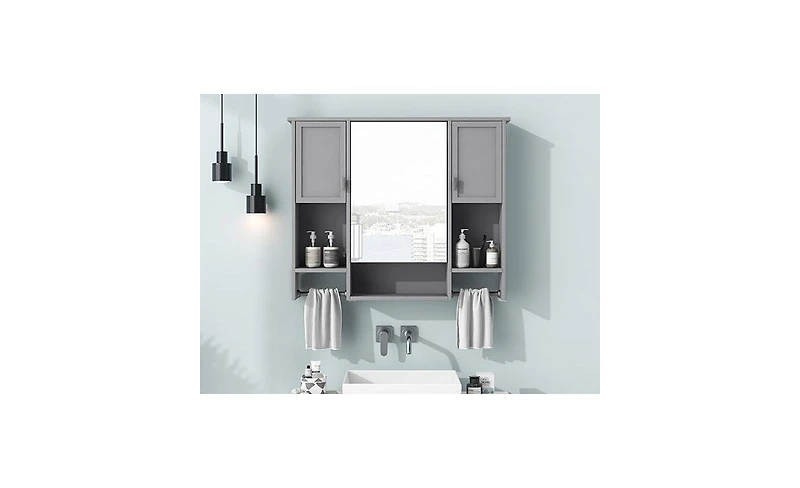 35'' x 28'' Modern Wall Mounted Bathroom Storage Cabinet, Bathroom Wall Cabinet with Mirror, Medicine Cabinet with Towels Bar
