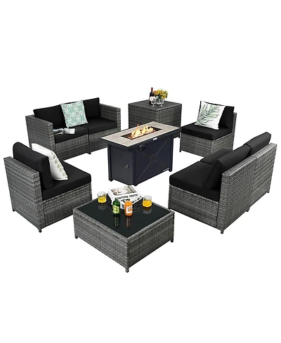 Gymax 9 Pcs Patio Rattan Furniture Set Fire Pit Table Storage Grey W/ Cover