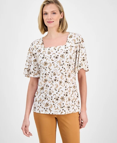 Jm Collection Petite Floral-Print Flutter-Sleeve Top, Exclusively at Macy's