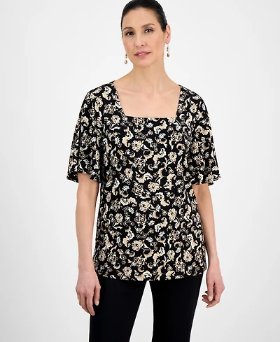 Jm Collection Petite Floral-Print Flutter-Sleeve Top, Exclusively at Macy's
