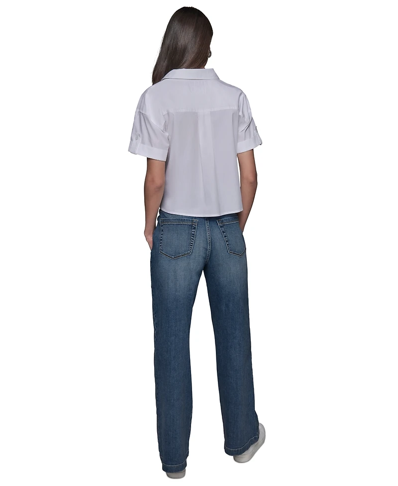Karl Lagerfeld Paris Women's Cotton Crop Scene Button-Front Top