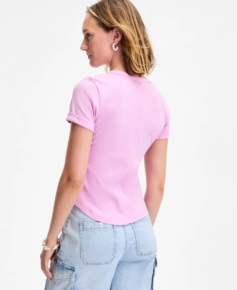 On 34th Women's Roll Cuff Rib-Knit Henley T-Shirt, Exclusively at Macy's