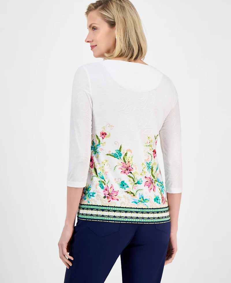Jm Collection Women's Printed Jacquard 3/4-Sleeve Top, Exclusively at Macy's