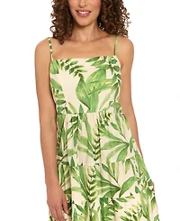 London Times Petite Leaf-Print Tiered Smocked Dress