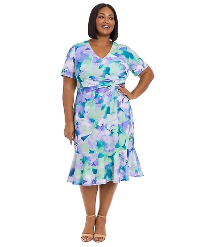 London Times Plus Floral-Print Twist-Front Midi Dress