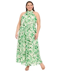London Times Plus Floral-Print Halter Maxi Dress